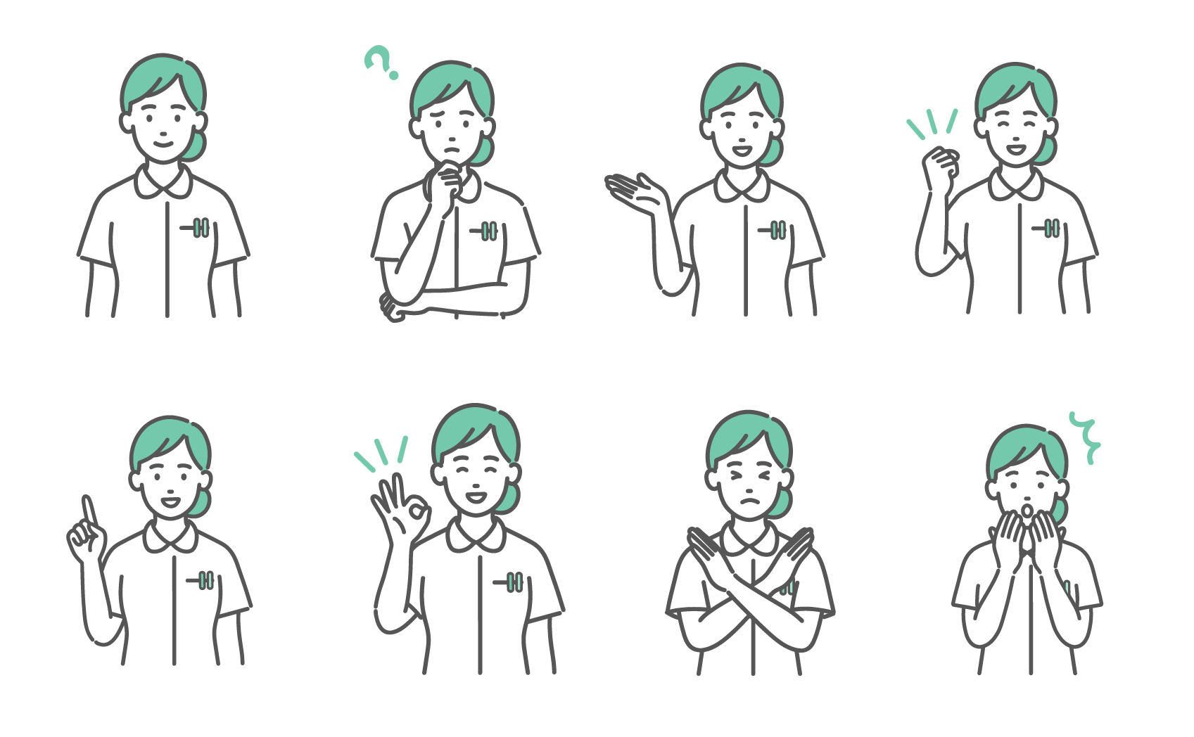 白衣を着た女性看護師の8つのバリエーション。笑顔、考え中、案内、ガッツポーズ、指差し、OKサイン、NGサイン、驚きの表情が並んでいる。