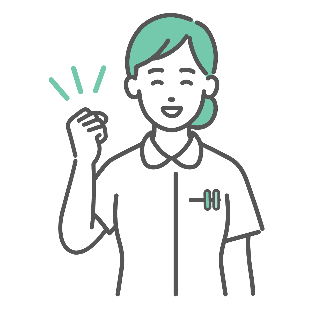 笑顔で右手の拳を握り、ガッツポーズをしている女性看護師。応援や喜びを表現しているポーズ。