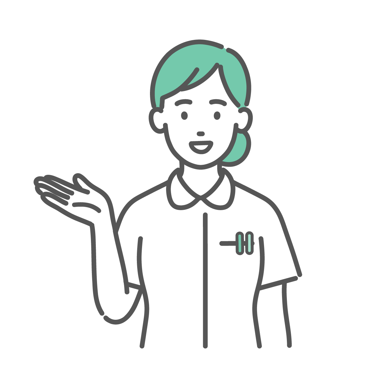 手のひらを横に向けて「こちらへどうぞ」と案内している女性看護師。笑顔で右側を紹介している上半身。