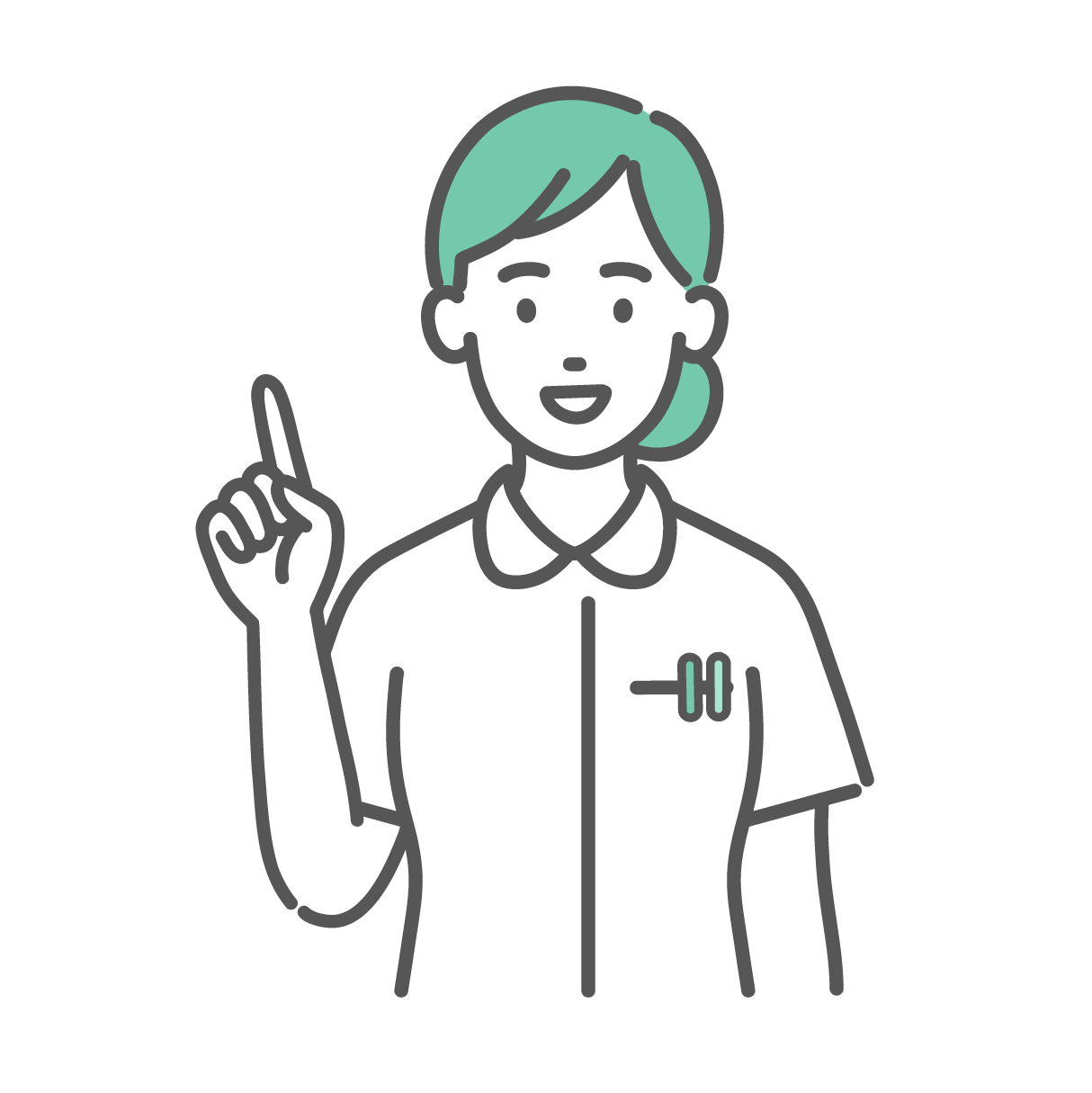 人差し指を立てて「ポイントはここです」と説明している笑顔の女性看護師の上半身。