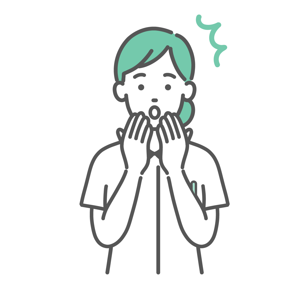 両手を口元に当てて「あっ！」と驚いている女性看護師。目を見開いてショックを受けているような表情。