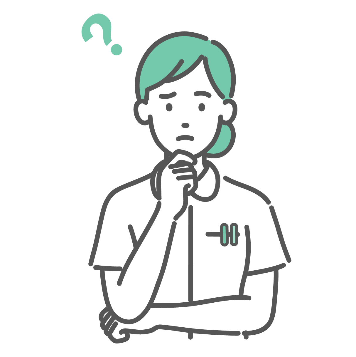 顎に手を当てて考え込む女性看護師。頭上に緑色のハテナマークが浮かんでいる困り顔。