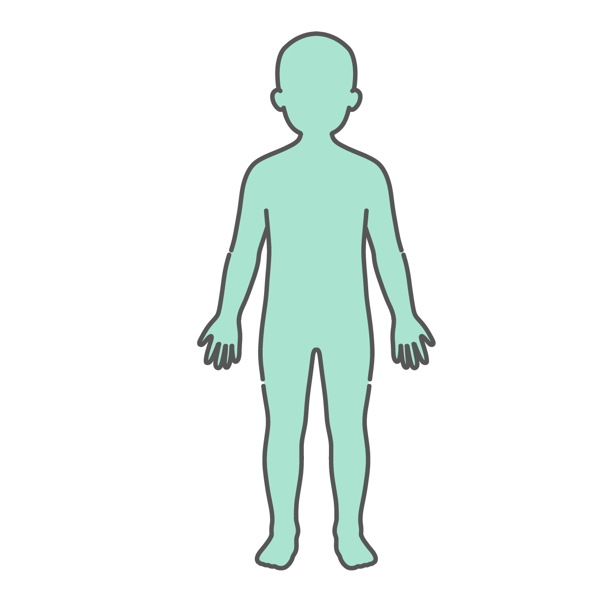 ミントグリーンで塗りつぶされたシンプルな子供の全身シルエット・人体図イラスト（正面）