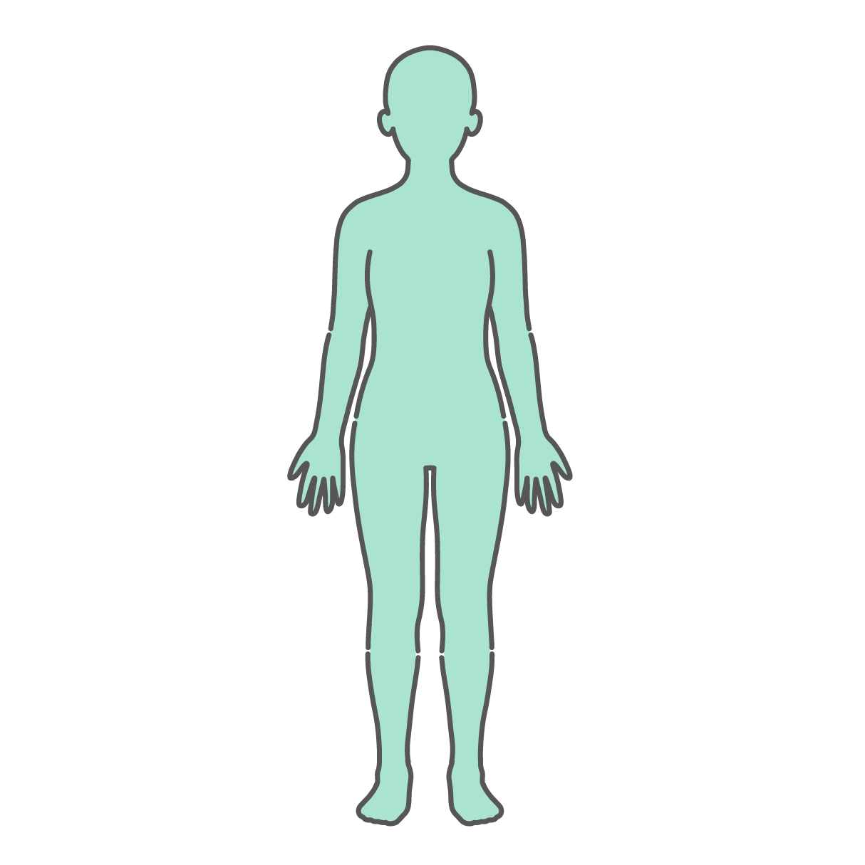 ミントグリーンで塗りつぶされたシンプルな女性の全身シルエット・人体図イラスト（正面）