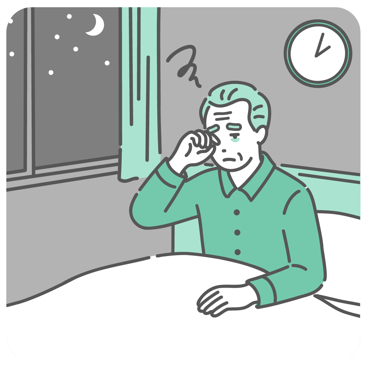 夜中に目が覚めてしまい眠れずに困っている高齢男性のイラスト