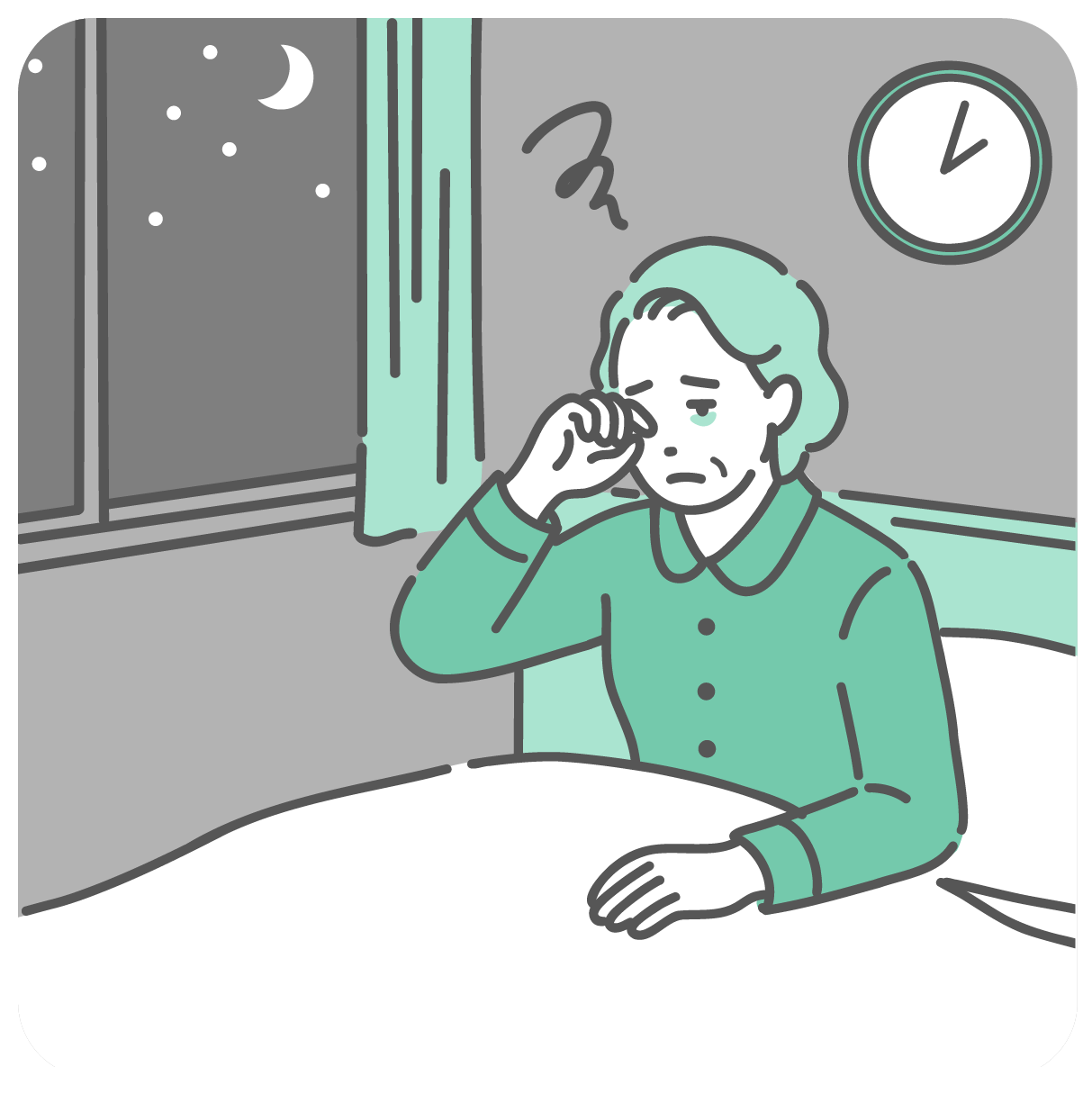 夜中に目が覚めてしまい眠れずに困っている高齢女性のイラスト