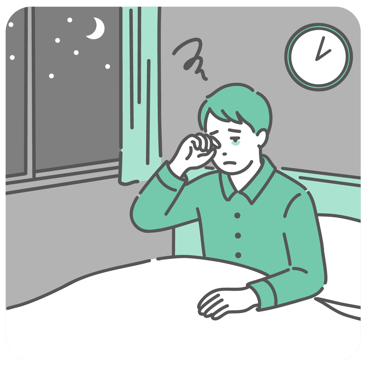 夜中に目が覚めてしまい眠れずに困っている男性のイラスト