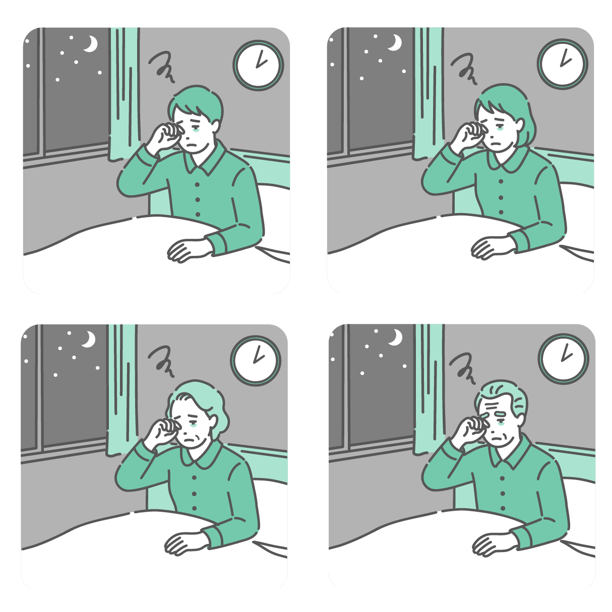 夜中に目が覚めてしまい眠れずに困っている若い男女と高齢者男女のイラストセット