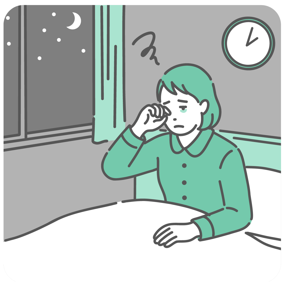 夜中に目が覚めてしまい眠れずに困っている女性のイラスト