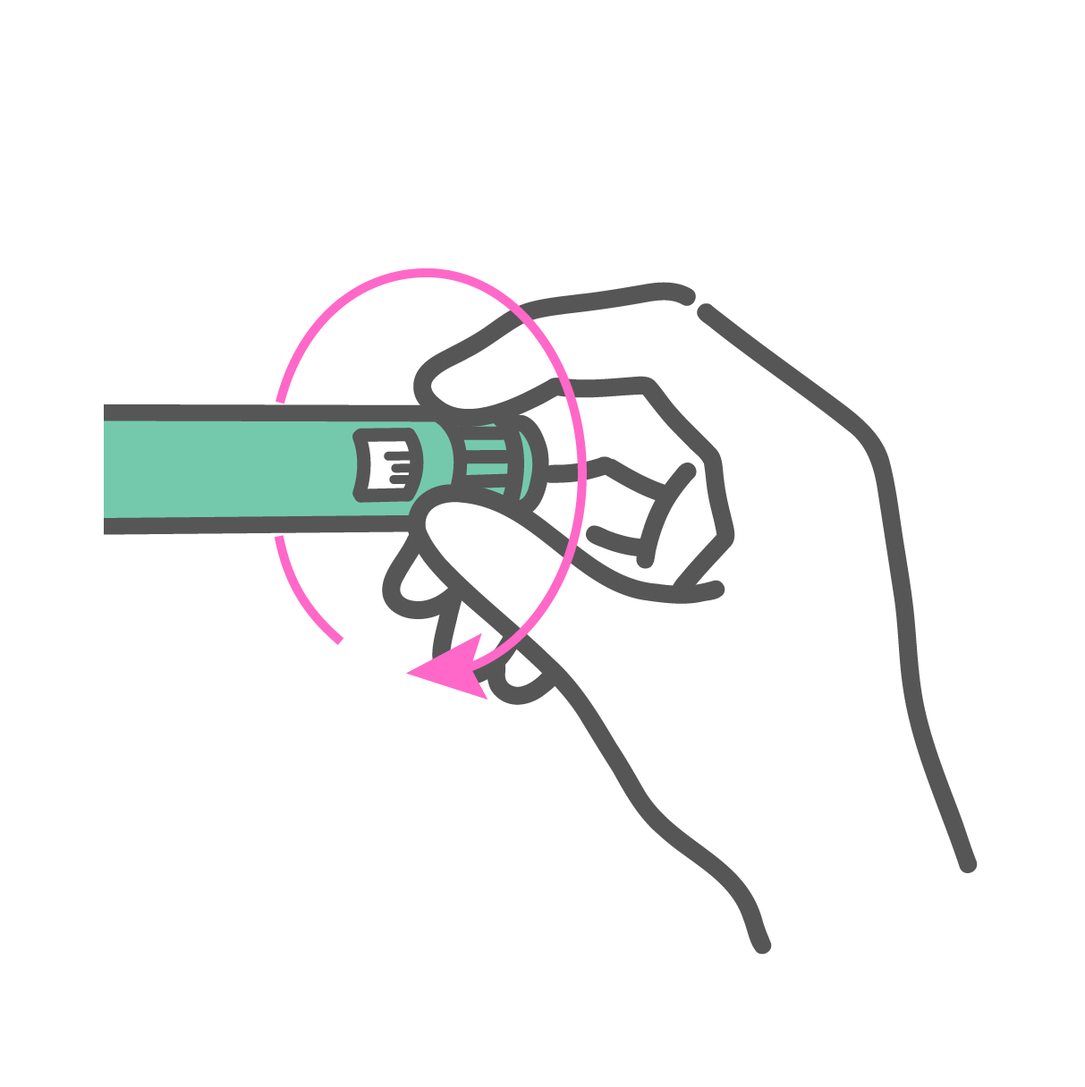 インスリンペンのダイヤルを指で回して単位を設定している手元。回転方向を示すピンクの矢印付き。