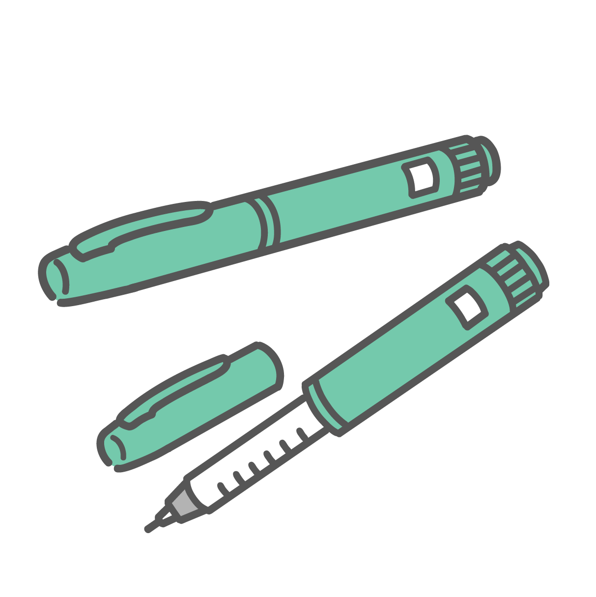 緑色のペン型インスリン注入器（インスリンペン）。上がキャップが閉まった状態、下がキャップを外して針の取り付け部が見えている状態。