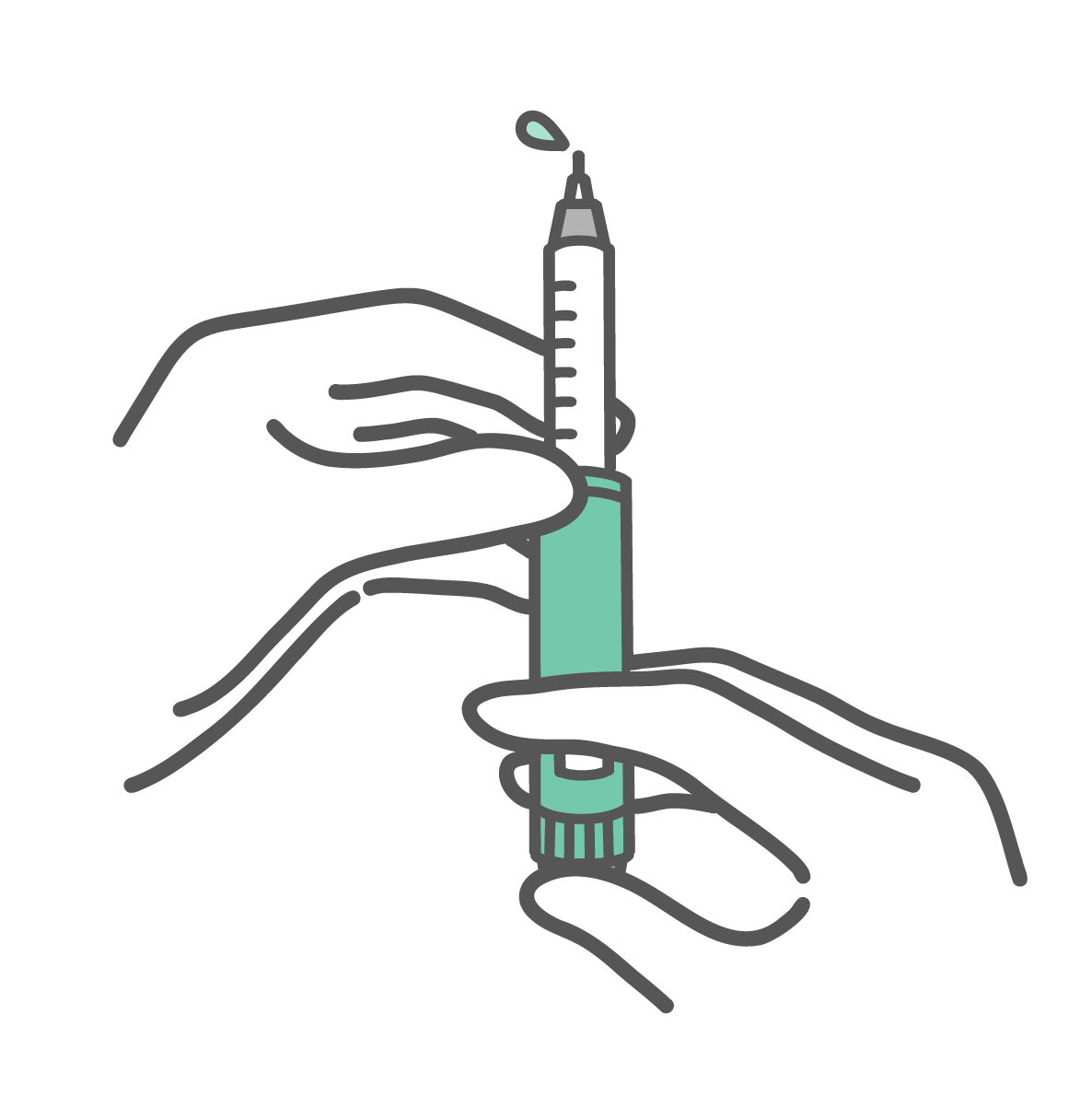 インスリンペンを垂直に持ち、空打ちをして針先から薬液のしずくが出ている様子。
