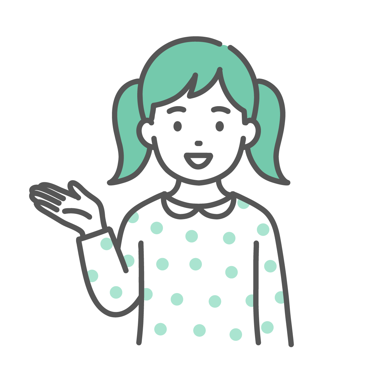 笑顔で右手を差し出して、案内や紹介をしているツインテールの小さな女の子のイラスト