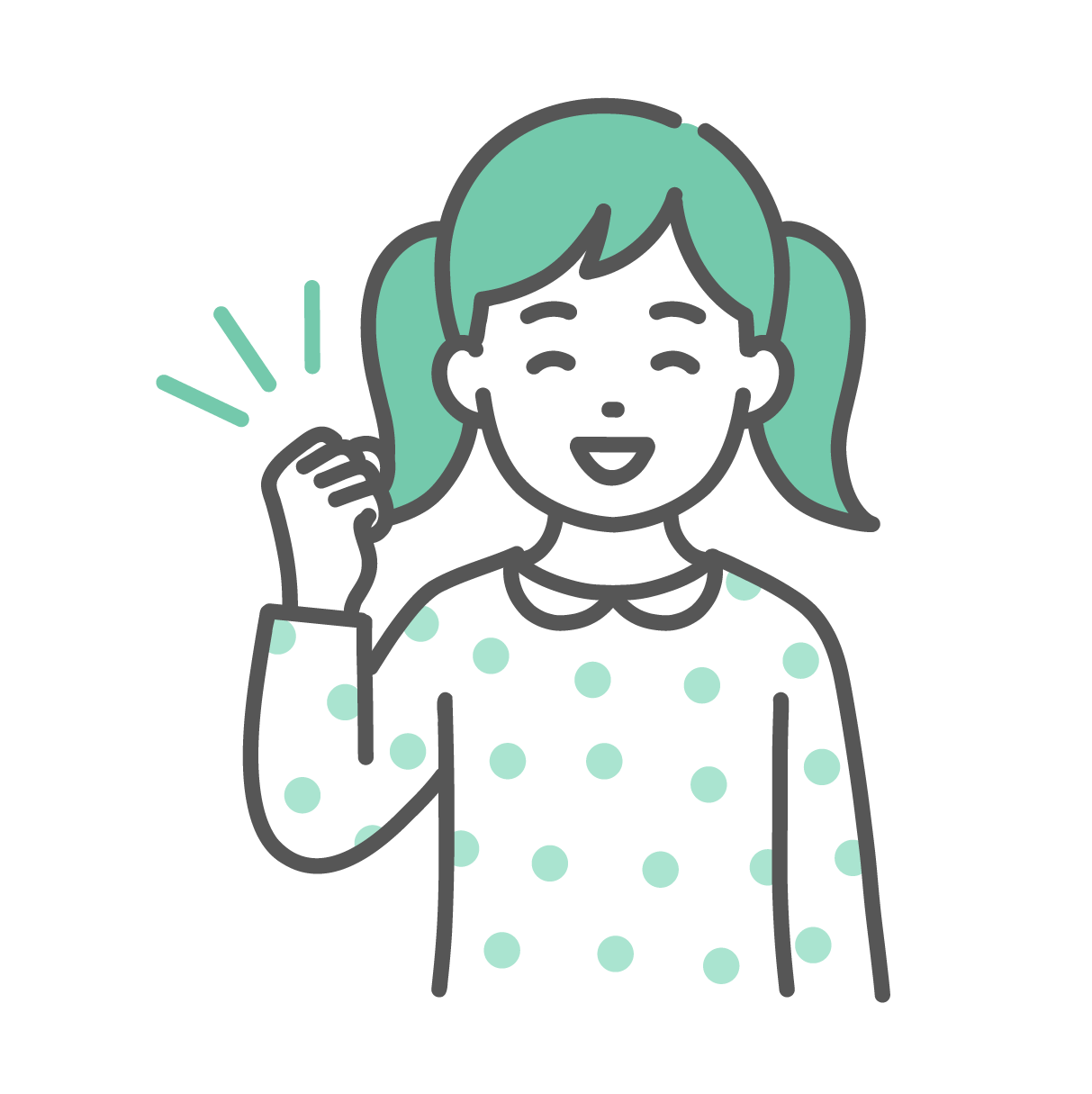 笑顔で元気にガッツポーズをして喜んでいる、ツインテールの小さな女の子のイラスト