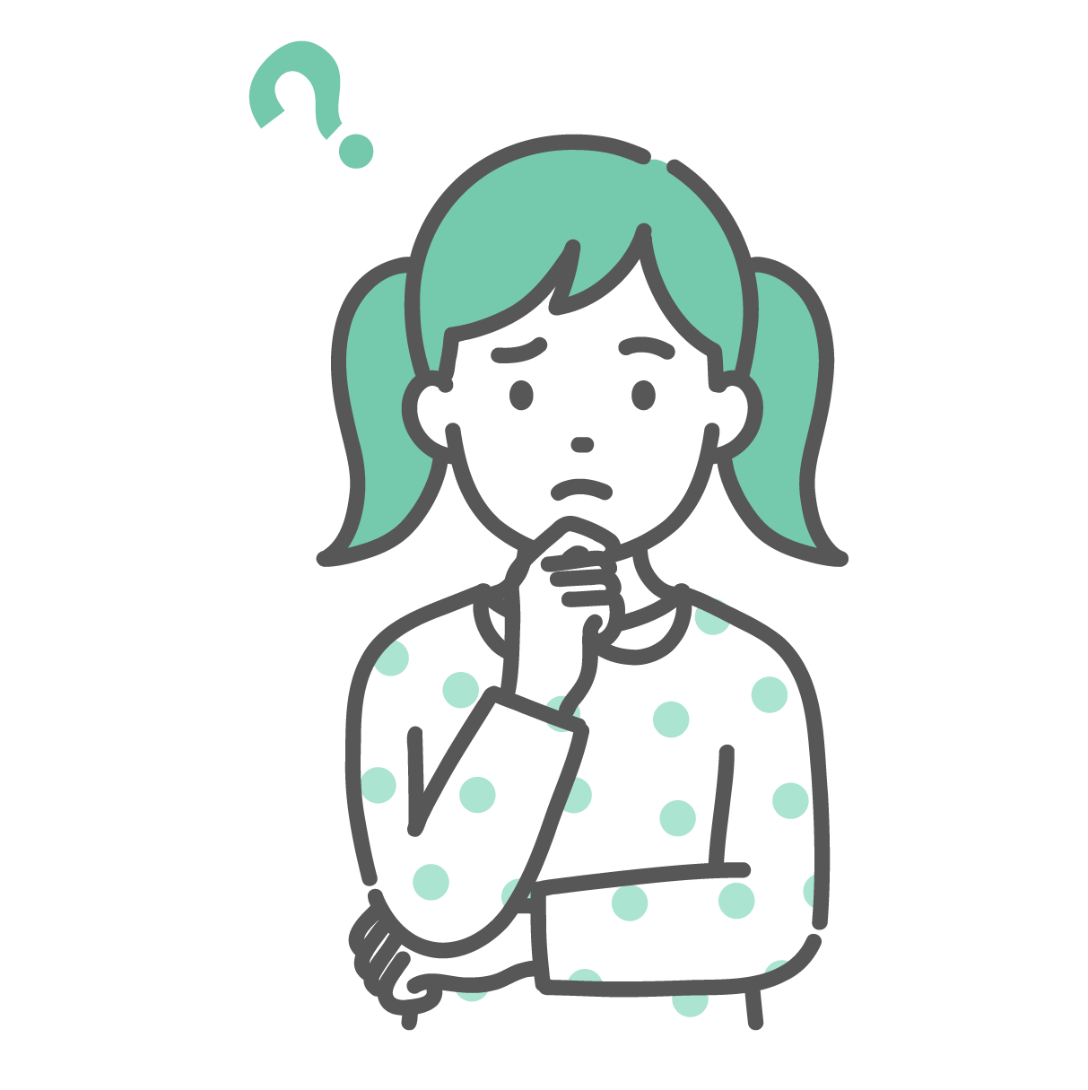 頭にハテナマークを浮かべて、顎に手を当てて考え事や悩み事をしているツインテールの小さな女の子のイラスト