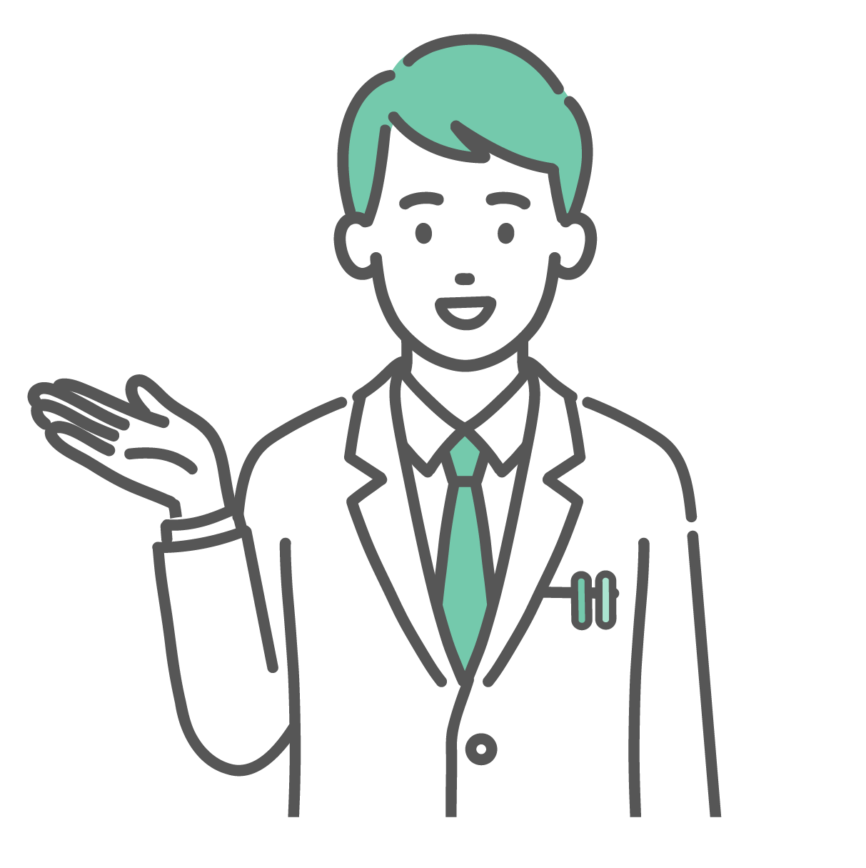 笑顔で右手を差し出して、案内や紹介をしている白衣を着た若い男性医師のイラスト