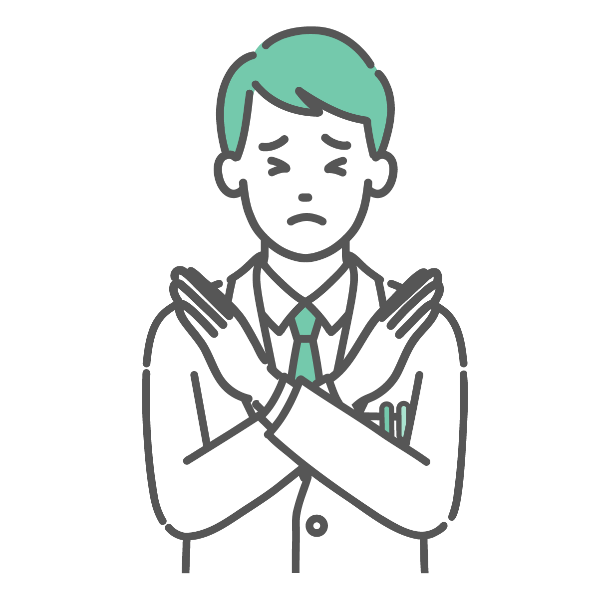 胸の前で腕をクロスさせてNGサインを出し、注意喚起をしている白衣を着た若い男性医師のイラスト