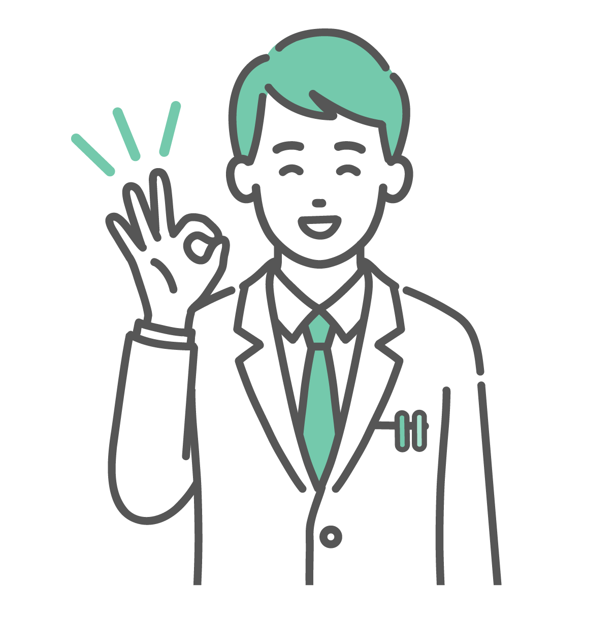 笑顔でOKサインを出して、承認や良好な結果を伝えている白衣を着た若い男性医師のイラスト