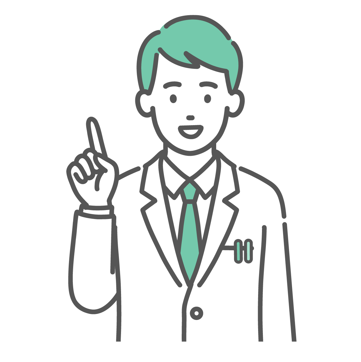 笑顔で人差し指を立てて、ポイントを解説している白衣を着た若い男性医師のイラスト