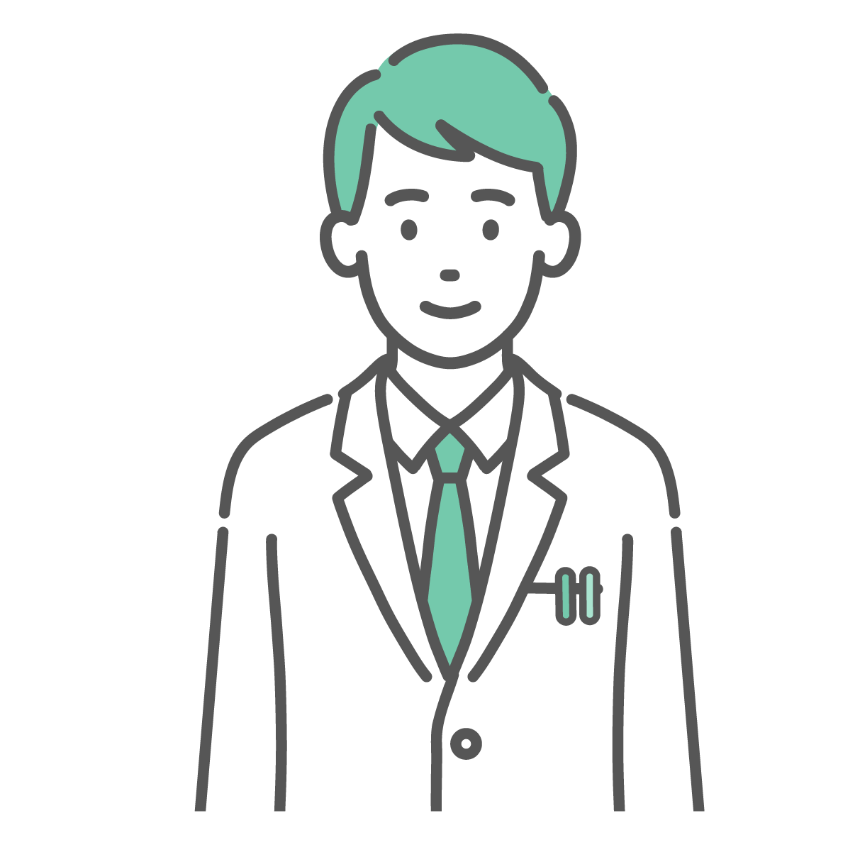 笑顔で正面を向いている、白衣を着た若い男性医師のイラスト