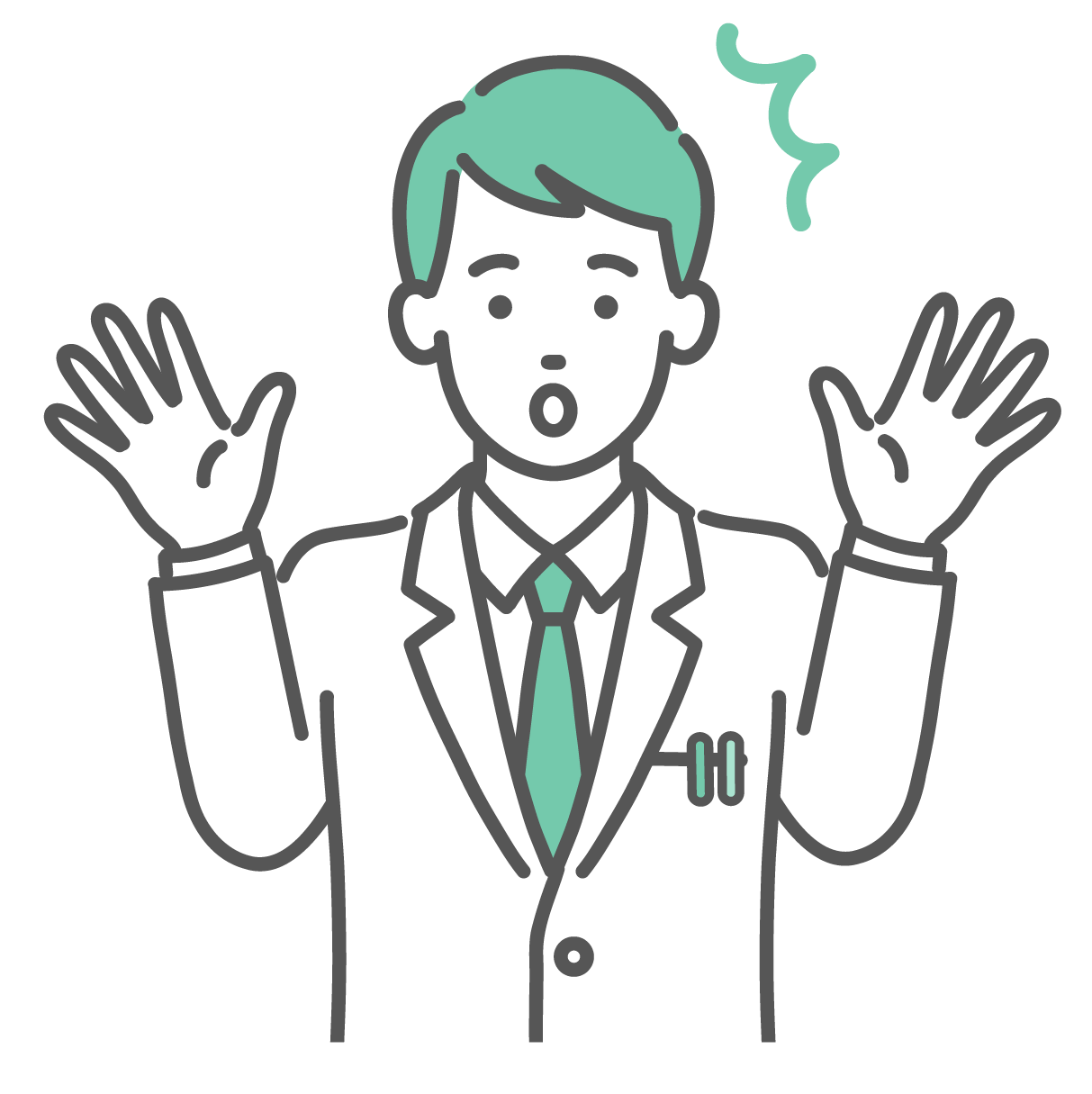 両手を上げて驚き、焦った表情をしている白衣を着た若い男性医師のイラスト