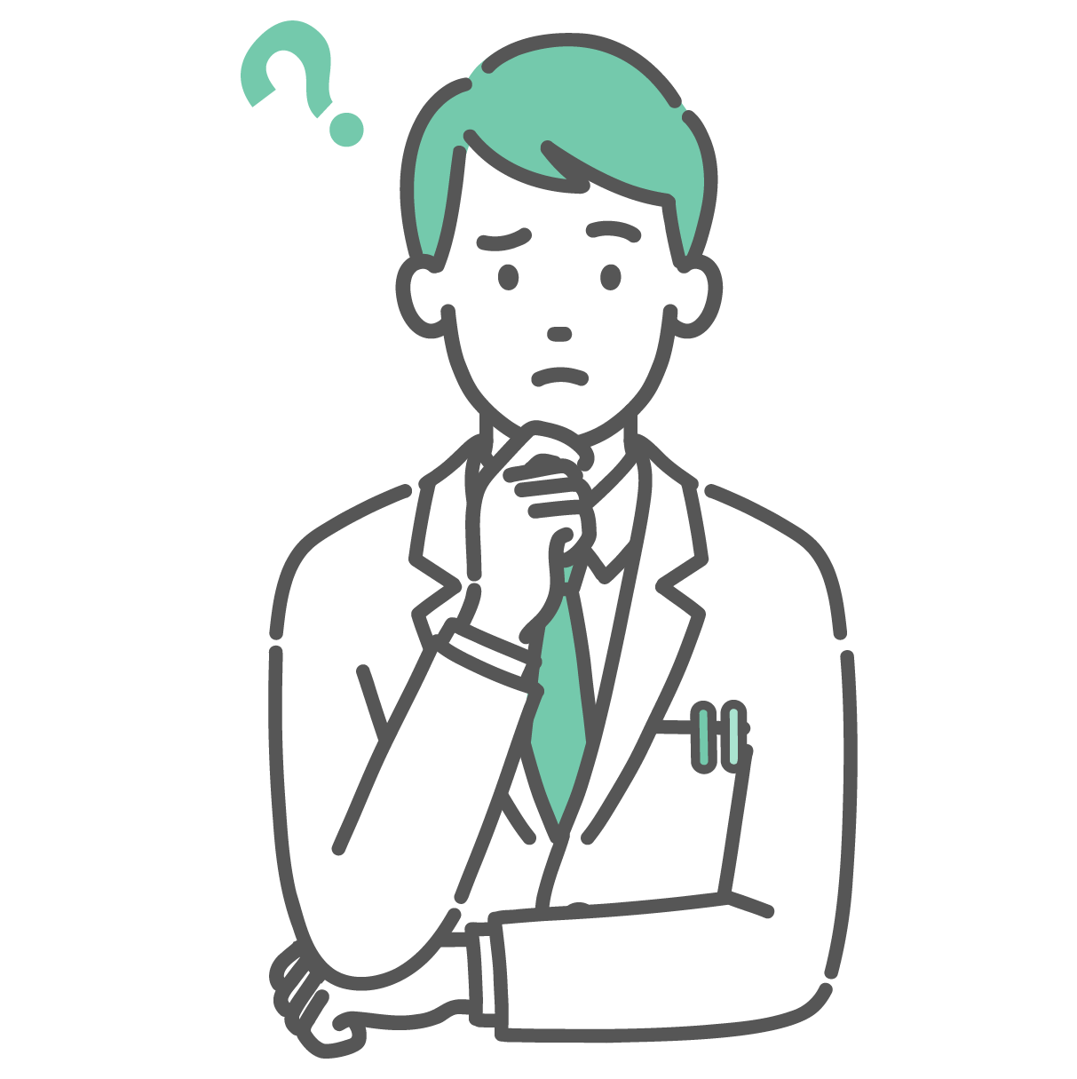 頭にハテナマークを浮かべて、顎に手を当てて考え事や悩み事をしている白衣を着た若い男性医師のイラスト