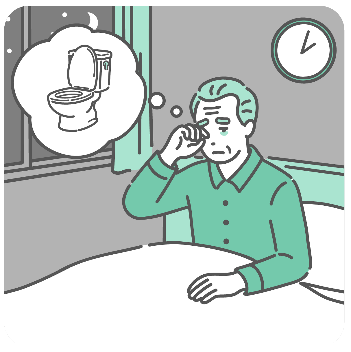 夜中に尿意で目を覚まし、トイレのことを考えている眠そうな高齢男性のイラスト