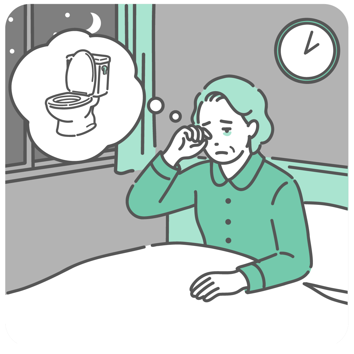 夜中に尿意で目を覚まし、トイレのことを考えている眠そうな高齢女性のイラスト