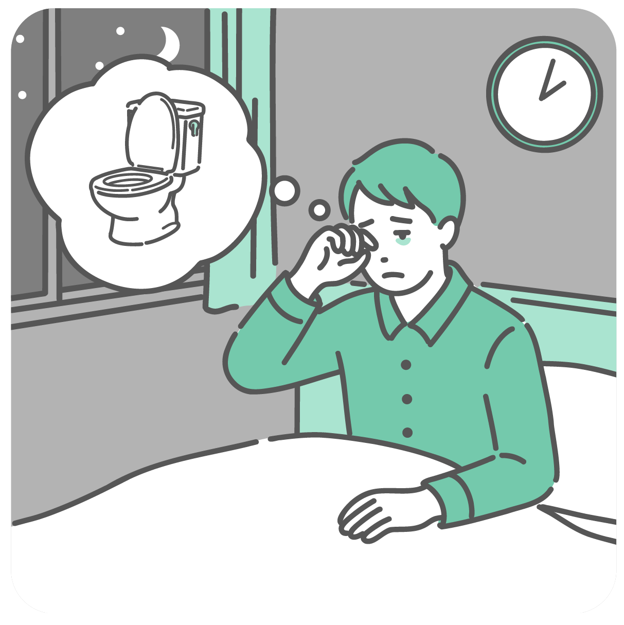夜中に尿意で目を覚まし、トイレのことを考えている眠そうな男性のイラスト