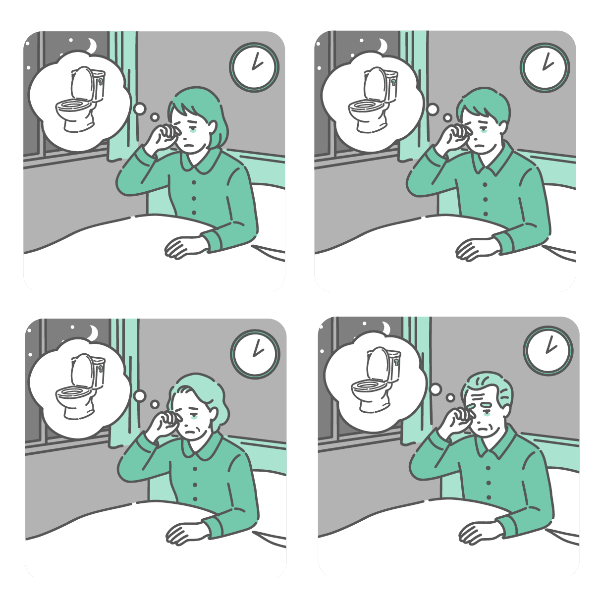 夜中に尿意で目を覚ましトイレに行きたがっている若い男女と高齢者男女のイラストセット