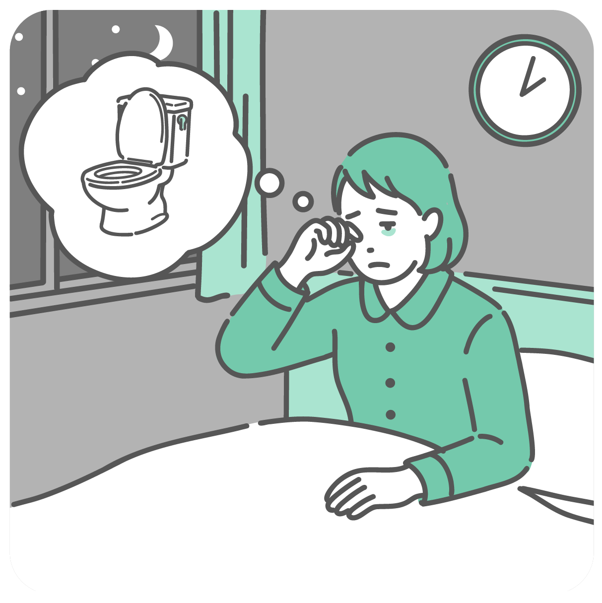 夜中に尿意で目を覚まし、トイレのことを考えている眠そうな女性のイラスト