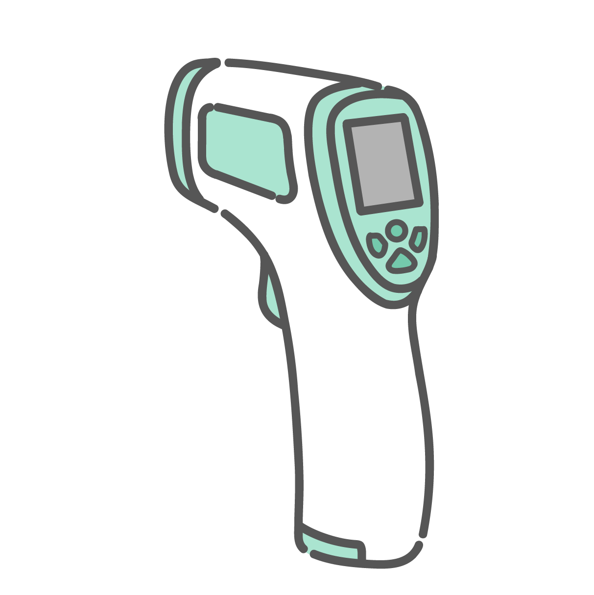 ミントグリーンの非接触体温計。おでこにかざして使用するガンタイプ（ピストル型）の検温器。
