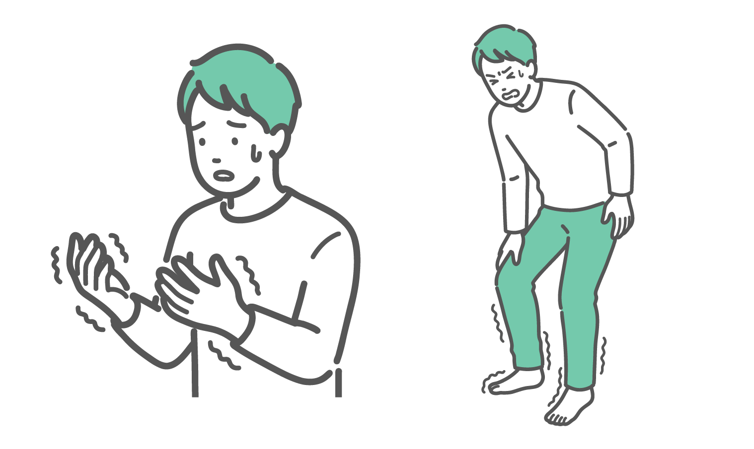 手の痺れに戸惑う男性と、足の痺れに耐える男性のイラストセット