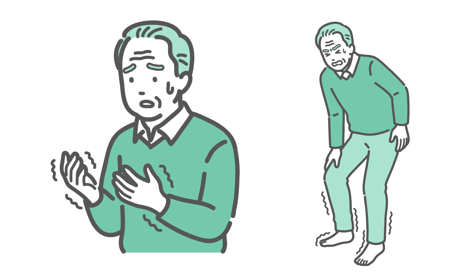 手の痺れに戸惑う高齢男性と、足の痺れに耐える高齢男性のイラストセット