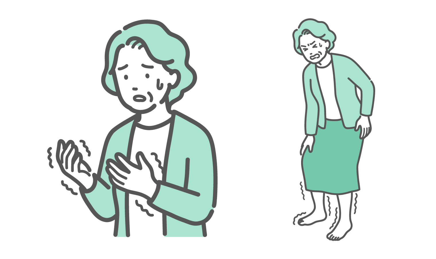 手の痺れに戸惑う高齢女性と、足の痺れに耐える高齢女性のイラストセット
