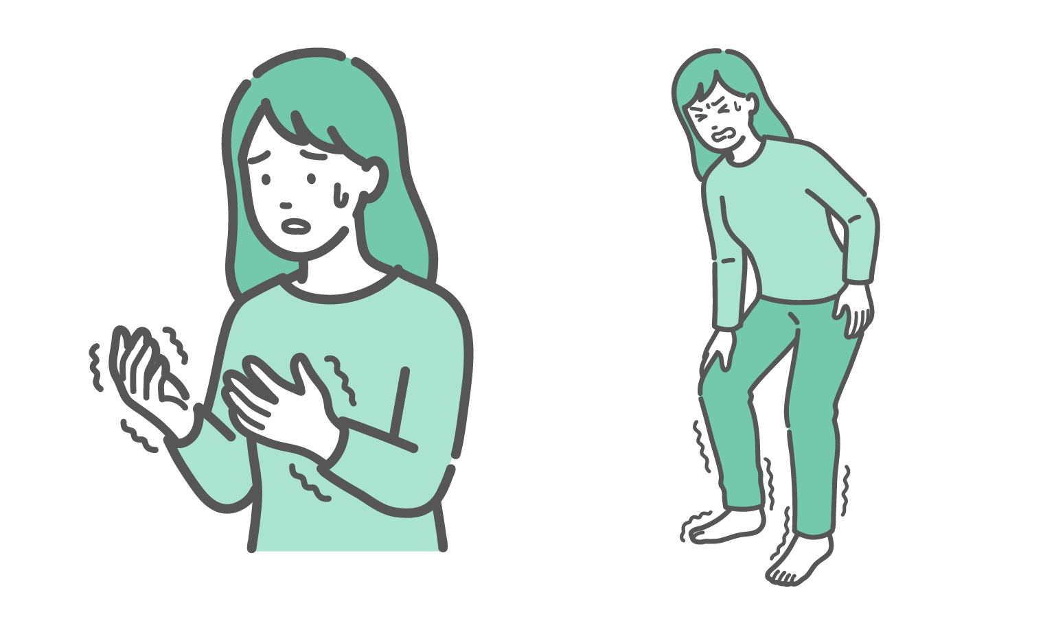 手の痺れに戸惑う女性と、足の痺れに耐える女性のイラストセット