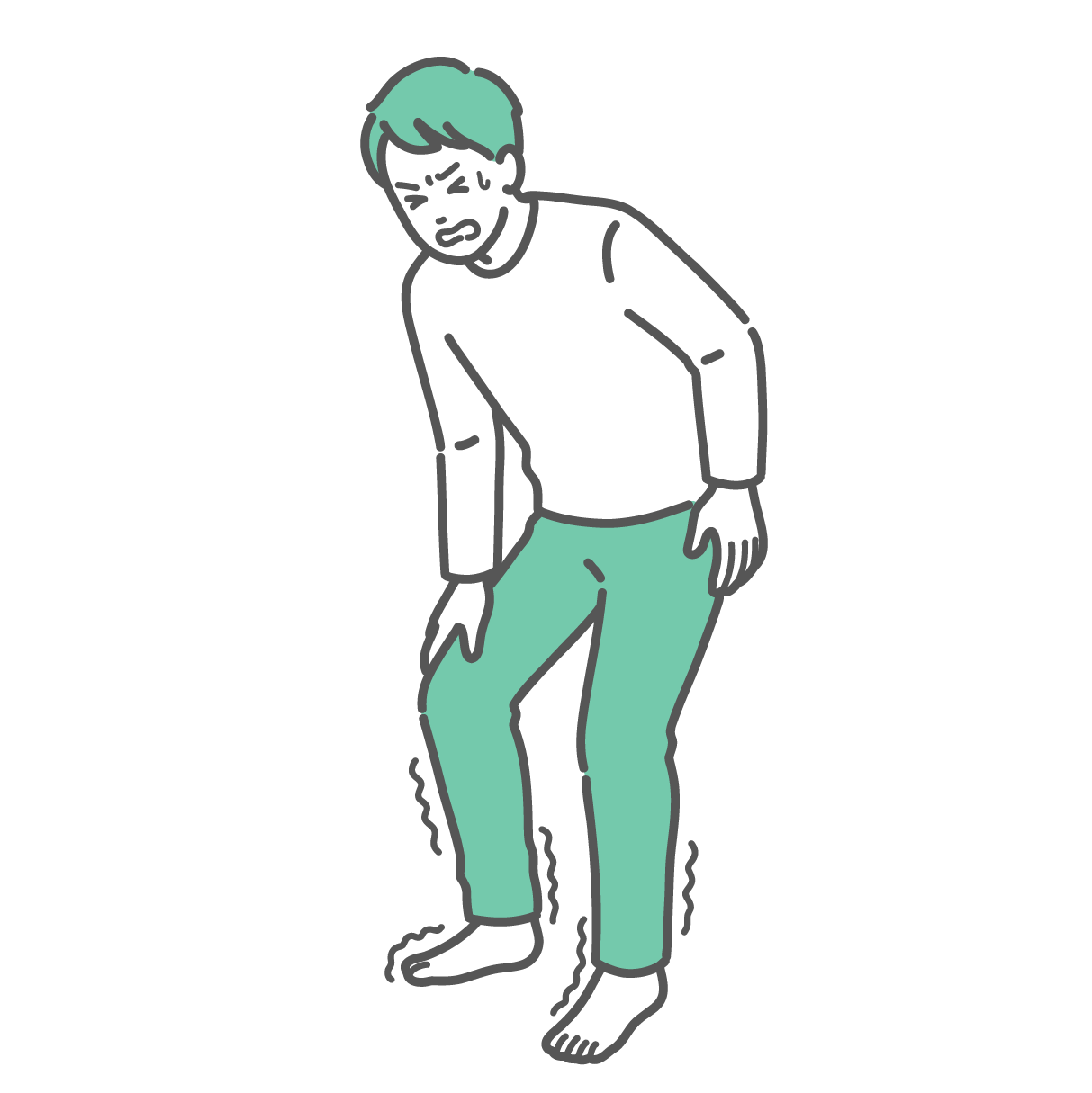 足が痺れて辛そうな表情で立ち止まっている男性のイラスト