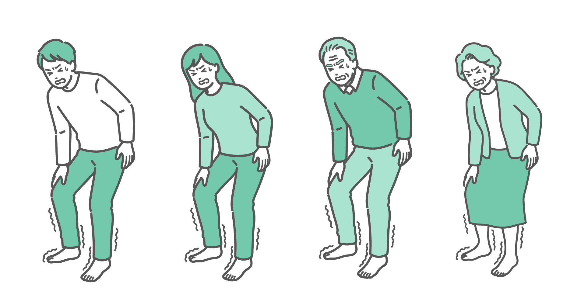 足が痺れて辛そうな表情で立ち止まっている老若男女（若い男女と高齢男女）のイラストセット