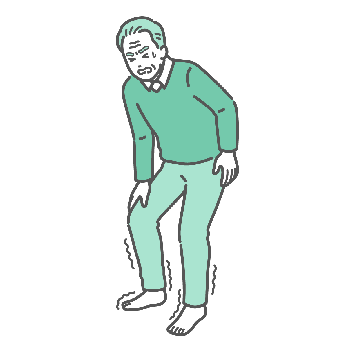 足が痺れて辛そうな表情で前かがみになり、立ち止まっている高齢男性のイラスト