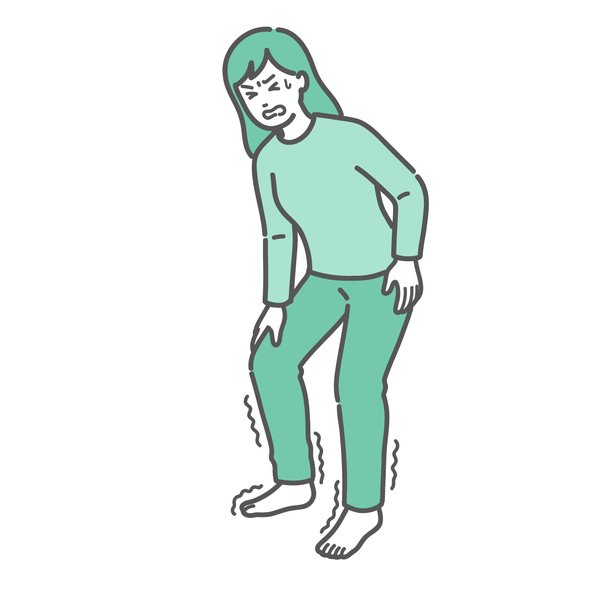 足が痺れて辛そうな表情で立ち止まっている女性のイラスト