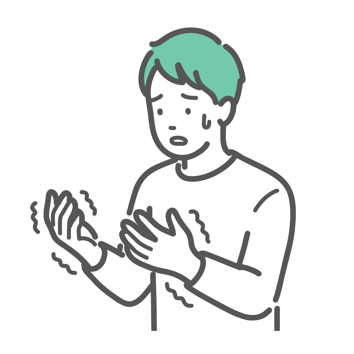 両手が痺れて震えており、自分の手を見つめて冷や汗をかき、不安そうにしている男性のイラスト