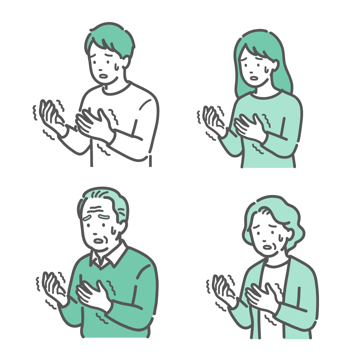 両手が痺れて震えており、自分の手を見つめて冷や汗をかき、不安そうにしている老若男女のイラストセット