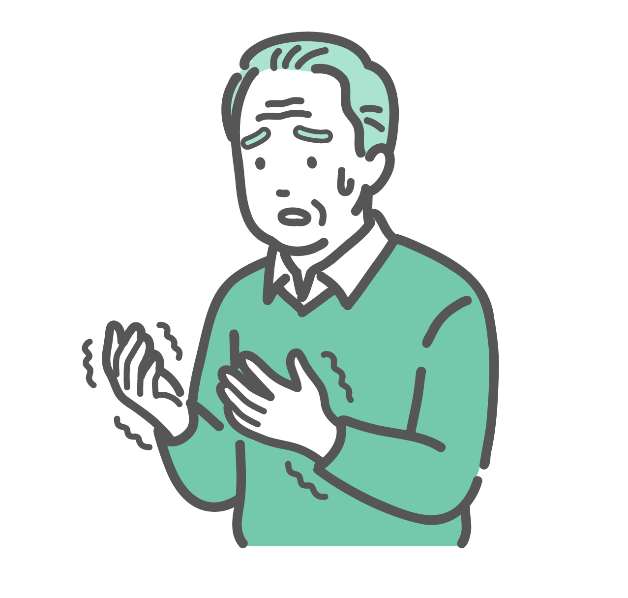 両手が痺れて震えており、自分の手を見つめて冷や汗をかき、不安そうにしている高齢男性のイラスト