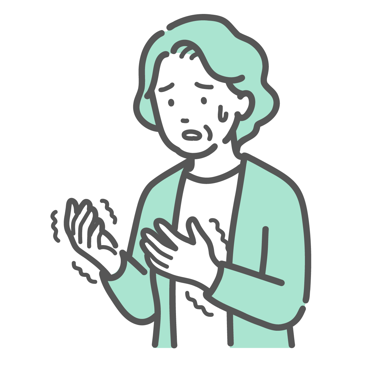 両手が痺れて震えており、自分の手を見つめて冷や汗をかき、不安そうにしている高齢女性のイラスト