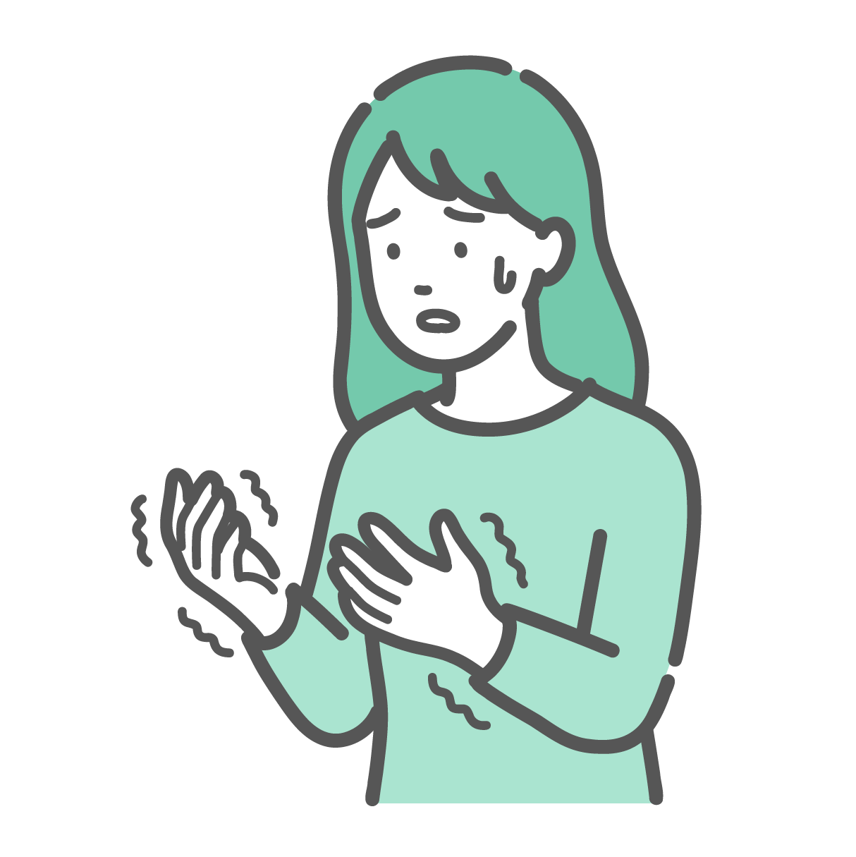 両手が痺れて震えており、自分の手を見つめて冷や汗をかき、不安そうにしている女性のイラスト
