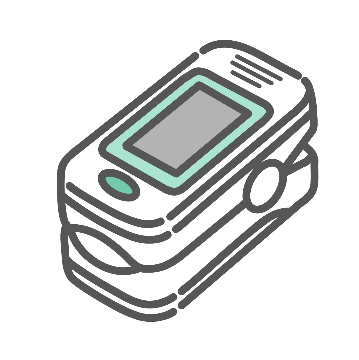 ミントグリーンのパルスオキシメーター。指を挟んで酸素飽和度を測定する小型の医療機器。