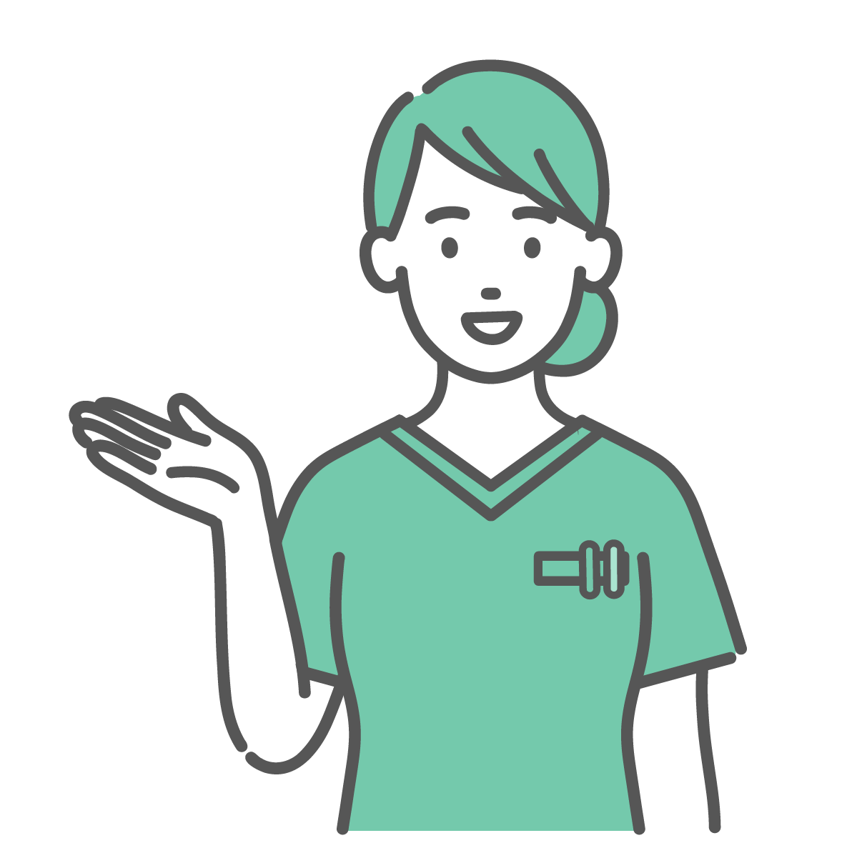 笑顔で手のひらを上に向けて案内している、緑色のスクラブを着た若い女性医療従事者のイラスト