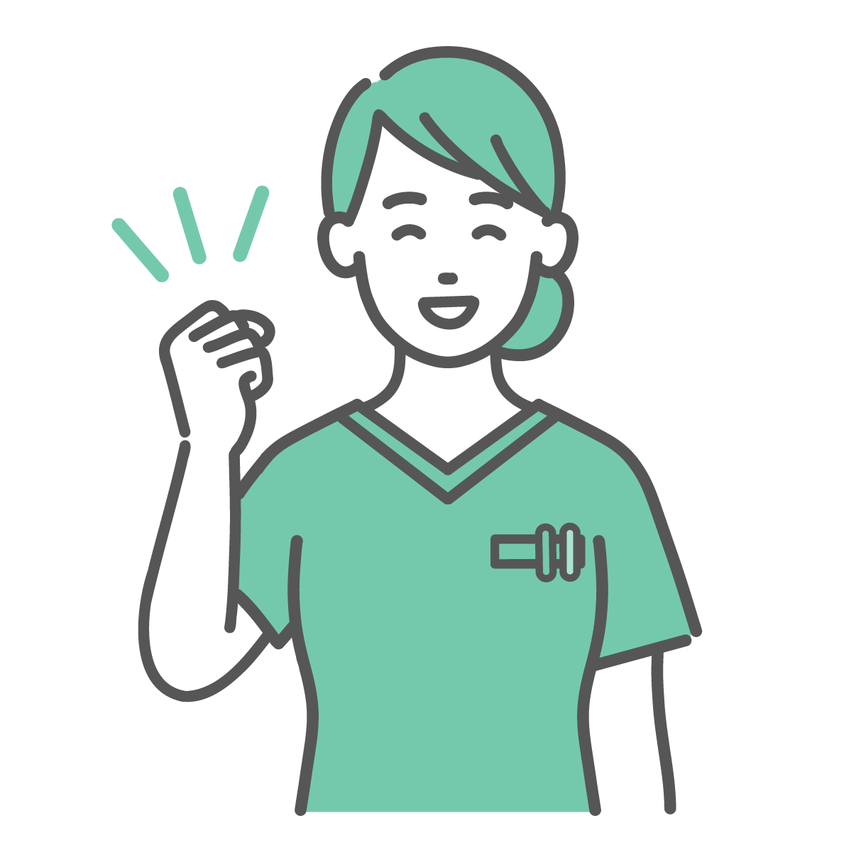 笑顔でガッツポーズをして応援している、緑色のスクラブを着た若い女性医療従事者のイラスト