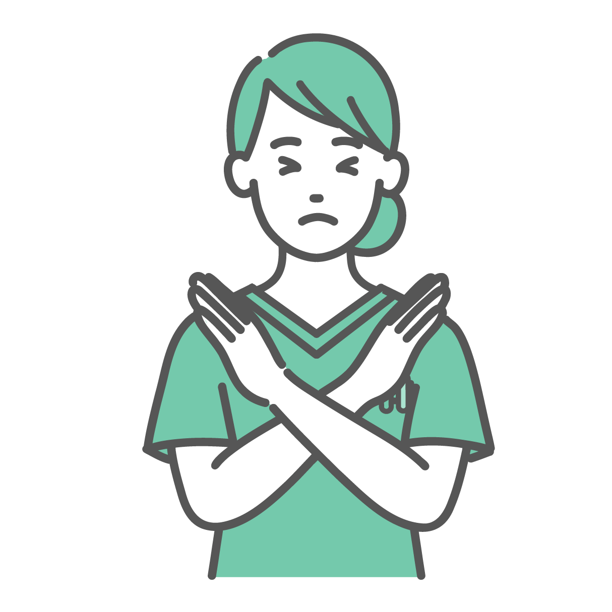 胸の前で腕をクロスさせてNGサインを出している、緑色のスクラブを着た若い女性医療従事者のイラスト