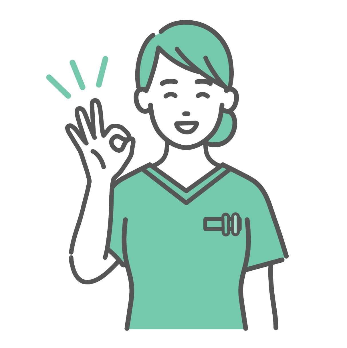 笑顔でOKサインを出している、緑色のスクラブを着た若い女性医療従事者のイラスト